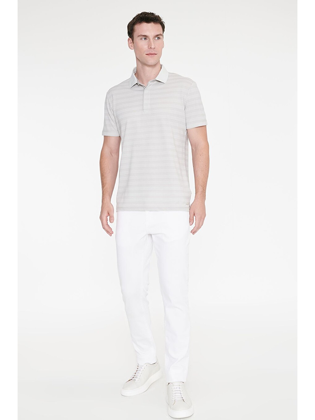 Erkek Gri Pamuklu Slim Fit Dar Kesim Polo Yaka Çizgili Tişört-1