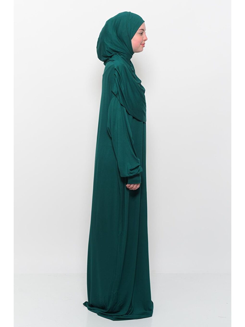 Yeşil Tek Parça Pamuklu Yarasa Kollu Tak Çıkar Başörtülü Organik Terletmez Namaz Elbisesi-2