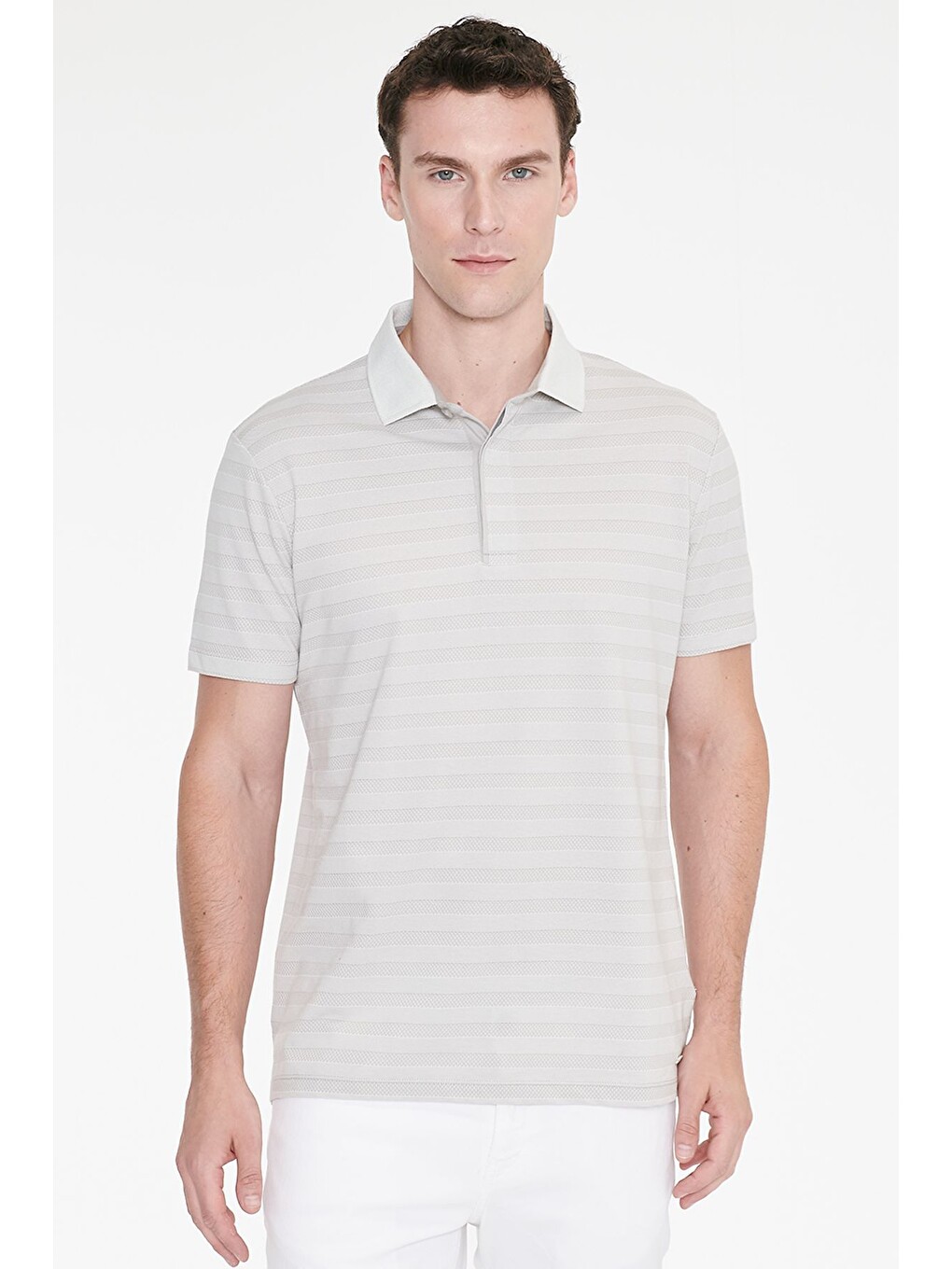Erkek Gri Pamuklu Slim Fit Dar Kesim Polo Yaka Çizgili Tişört-2