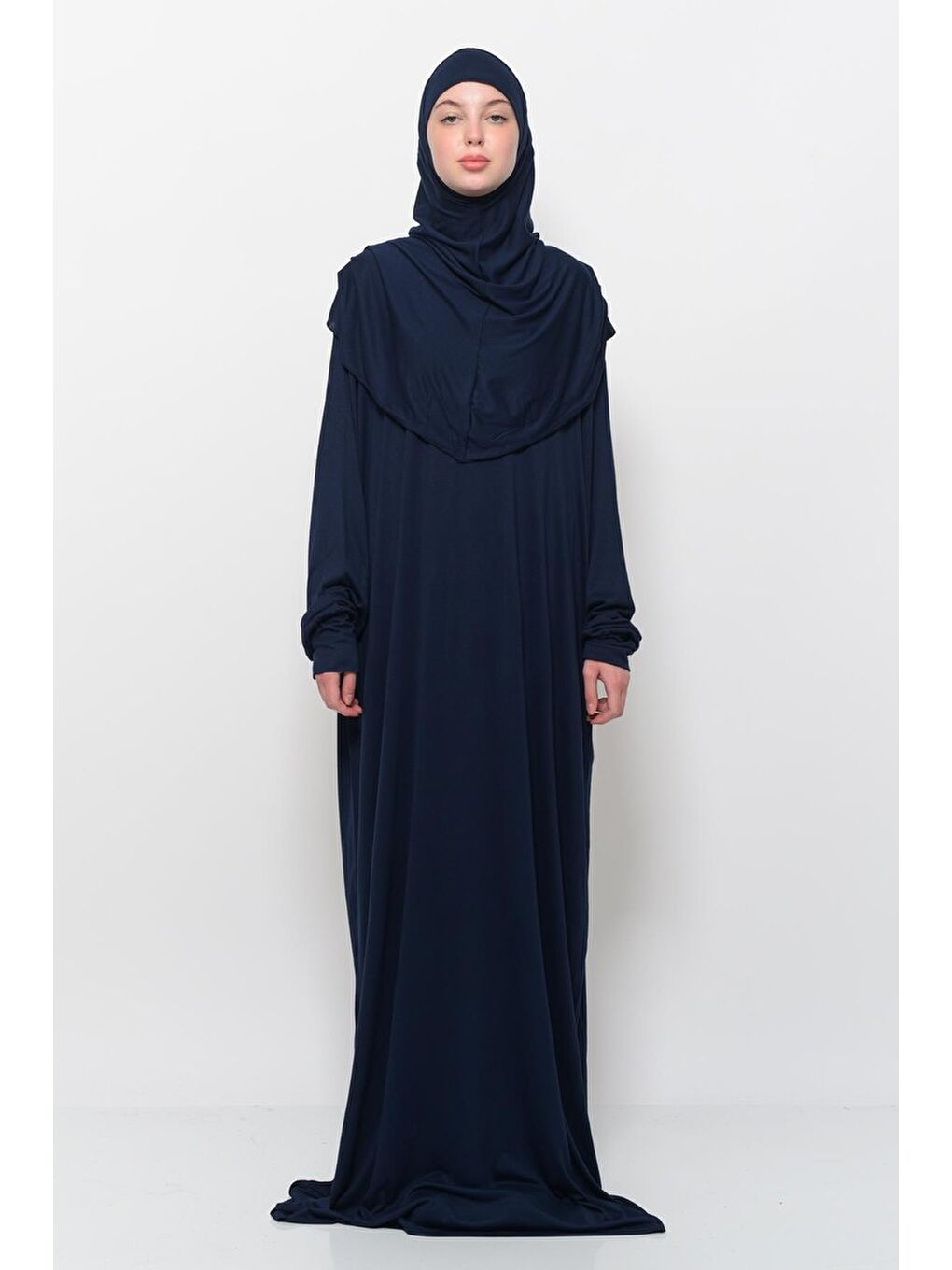Lacivert Tek Parça Pamuklu Yarasa Kollu Tak Çıkar Başörtülü Organik Terletmez Namaz Elbisesi