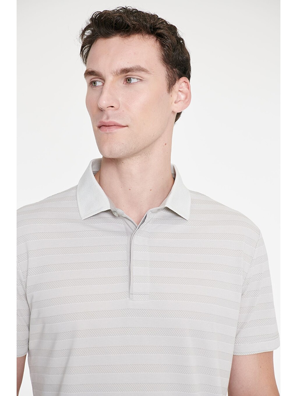 Erkek Gri Pamuklu Slim Fit Dar Kesim Polo Yaka Çizgili Tişört-3