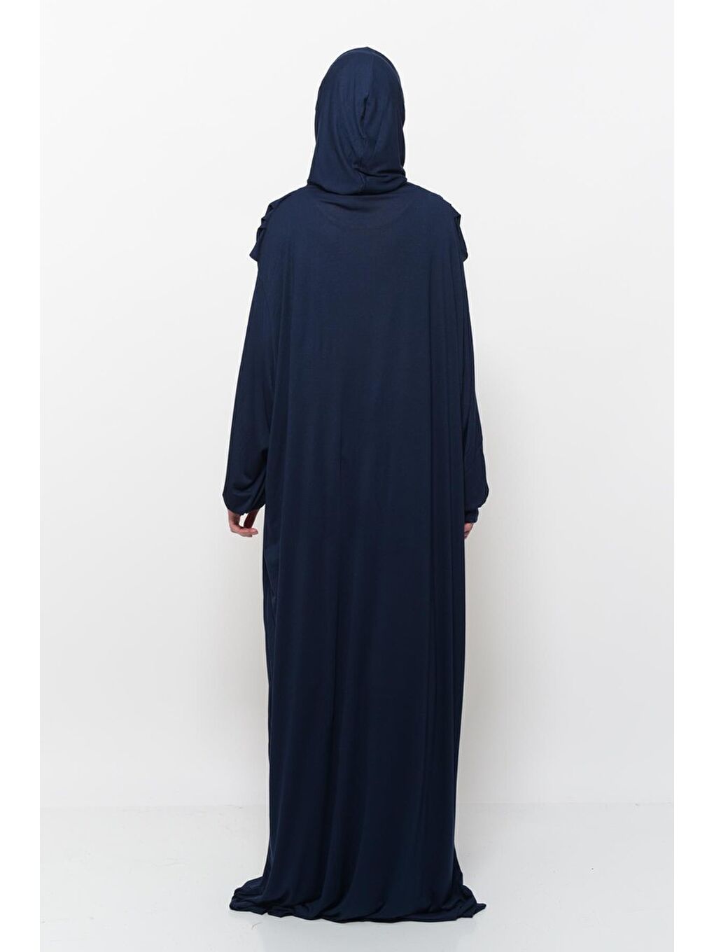Lacivert Tek Parça Pamuklu Yarasa Kollu Tak Çıkar Başörtülü Organik Terletmez Namaz Elbisesi-4