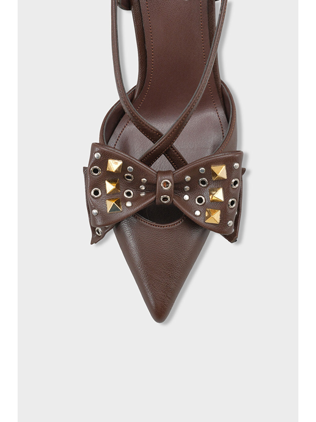 Kahverengi Nancie Orta Topuklu Metal Zımbalı Fiyonklu Arkası Açık Kadın Ayakkabı-2