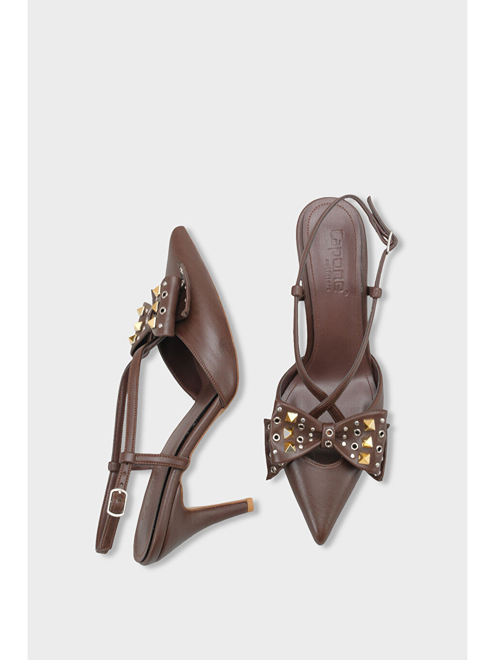 Kahverengi Nancie Orta Topuklu Metal Zımbalı Fiyonklu Arkası Açık Kadın Ayakkabı-4