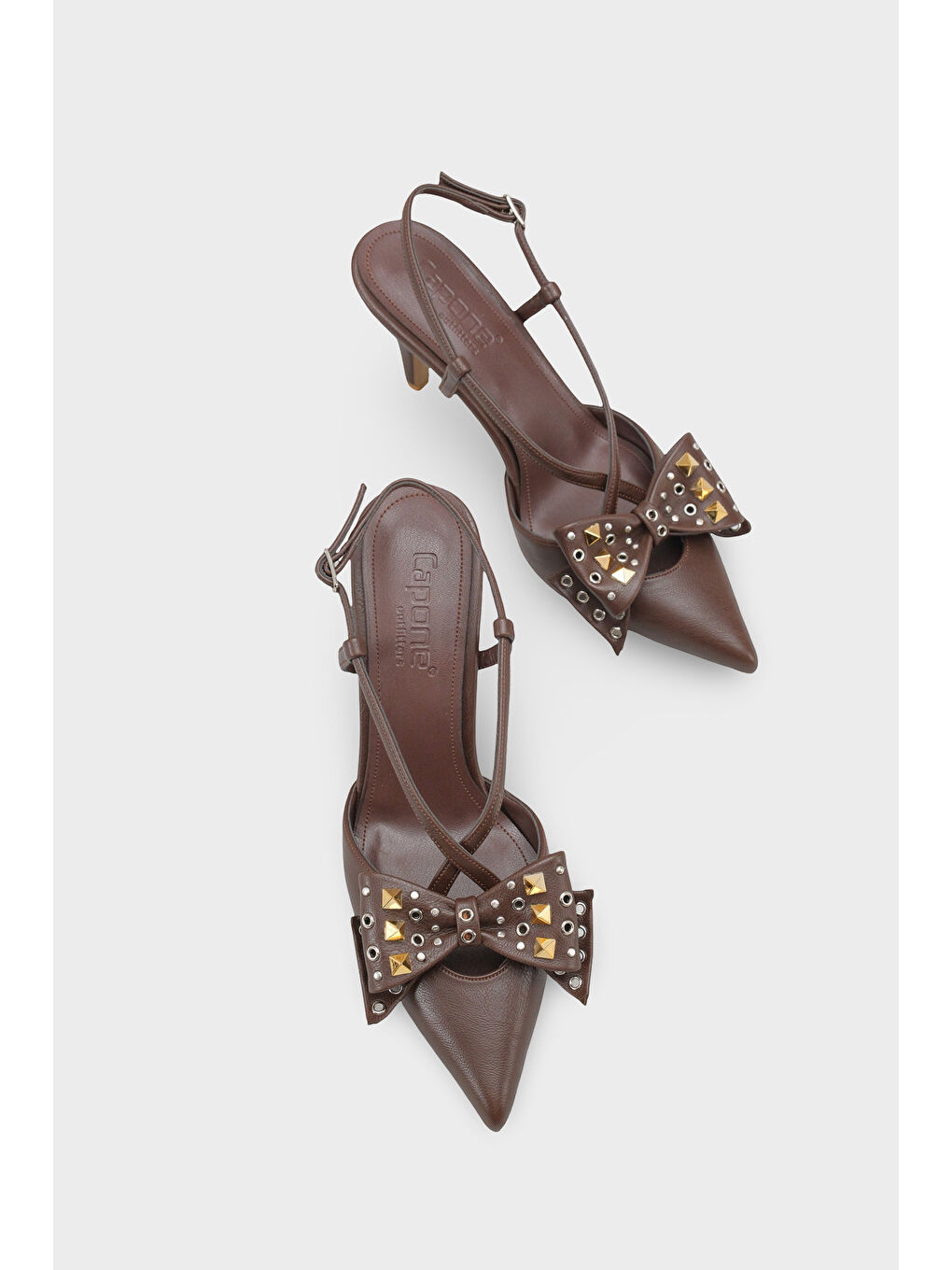 Kahverengi Nancie Orta Topuklu Metal Zımbalı Fiyonklu Arkası Açık Kadın Ayakkabı-5