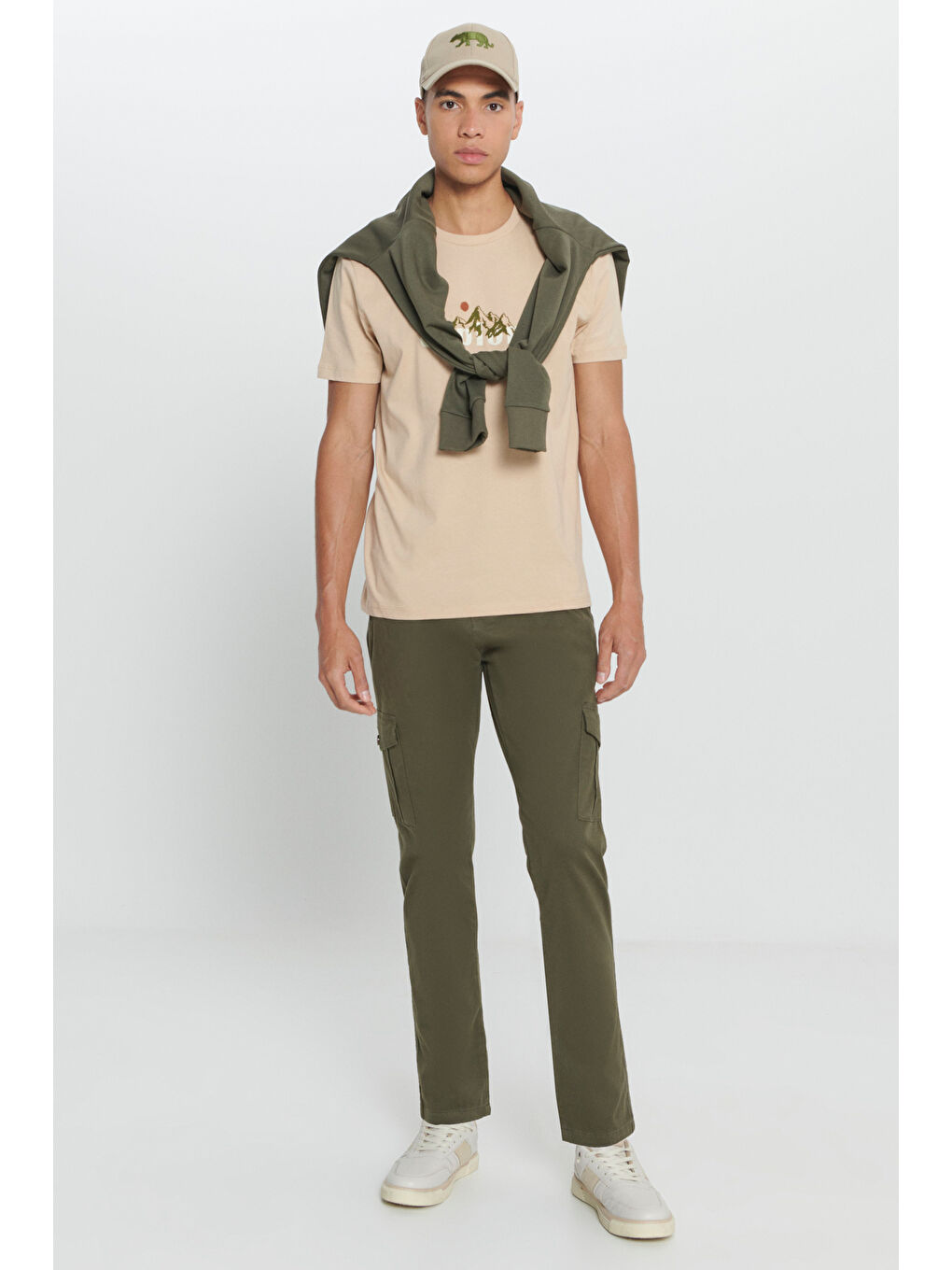 Erkek Haki Ekstra Slim Fit Dar Kesim Kargo Cepli Pamuklu Esnek Pantolon