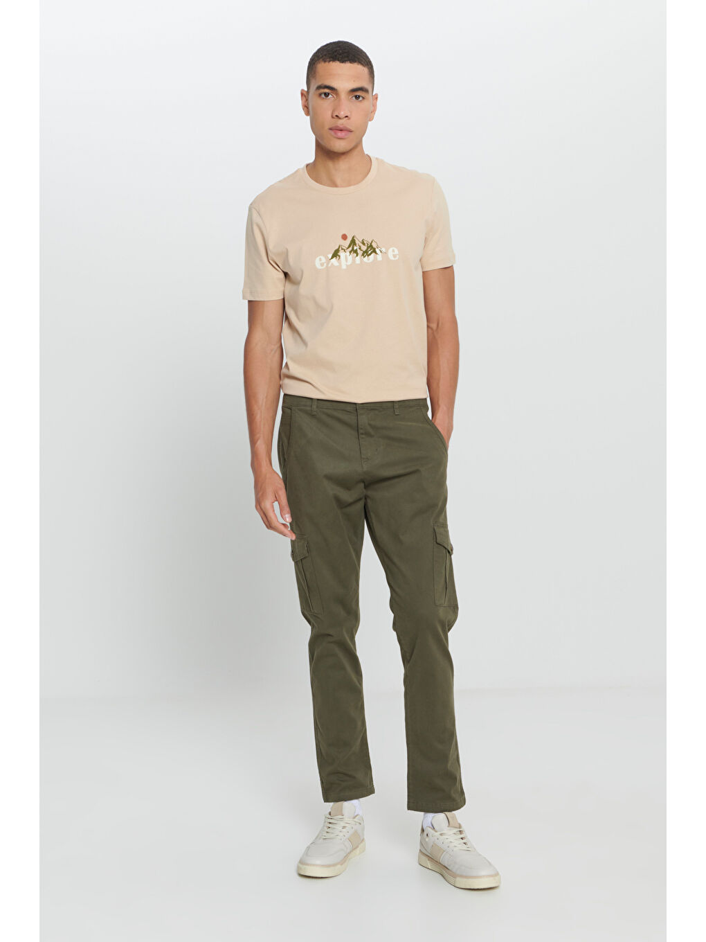Erkek Haki Ekstra Slim Fit Dar Kesim Kargo Cepli Pamuklu Esnek Pantolon-2