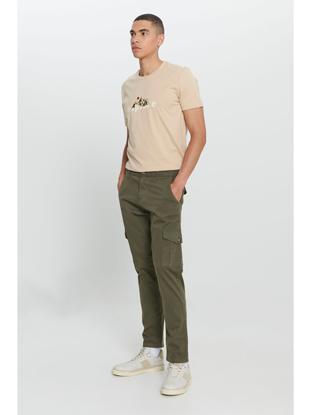 Erkek Haki Ekstra Slim Fit Dar Kesim Kargo Cepli Pamuklu Esnek Pantolon-5