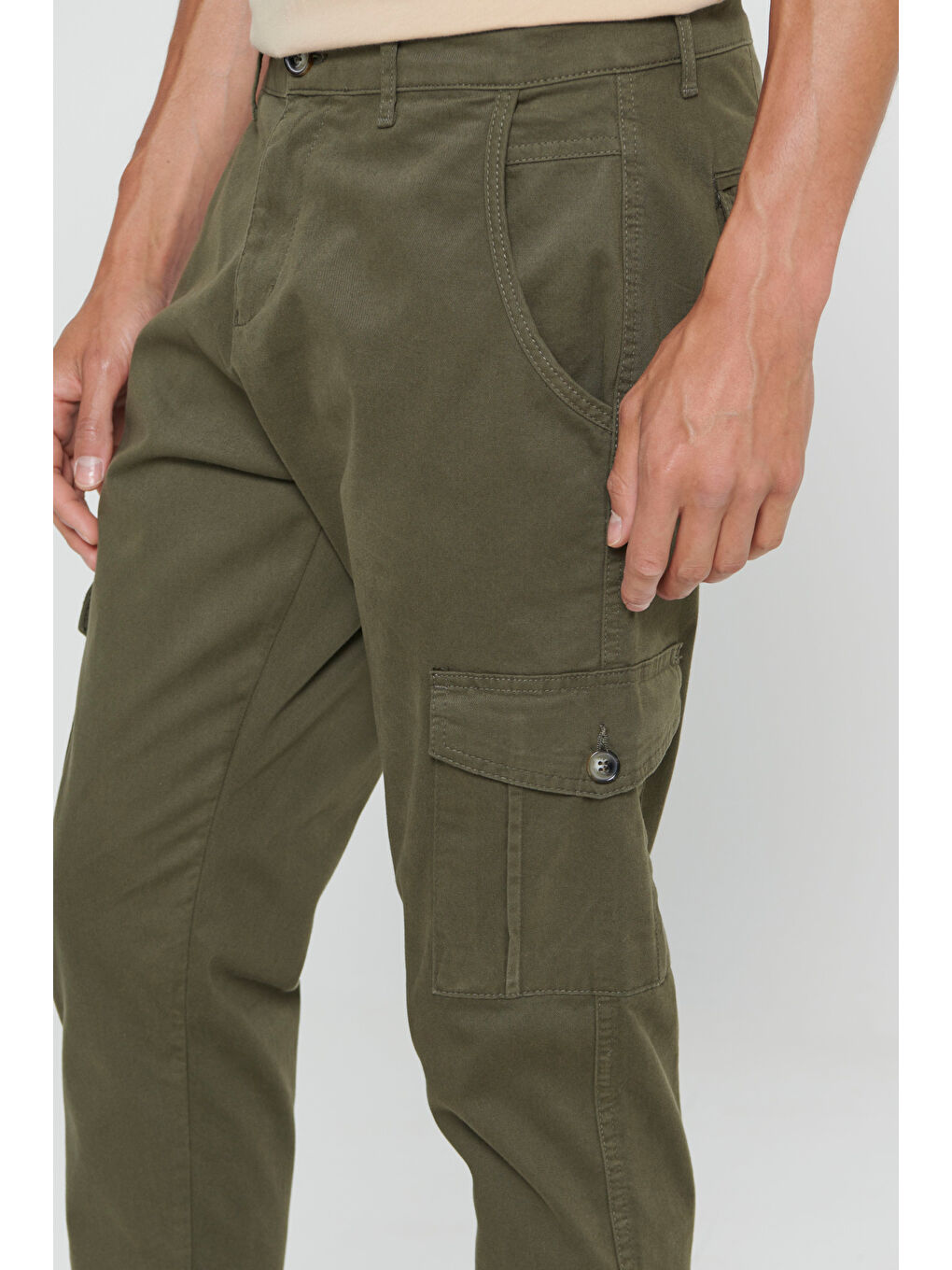 Erkek Haki Ekstra Slim Fit Dar Kesim Kargo Cepli Pamuklu Esnek Pantolon-6
