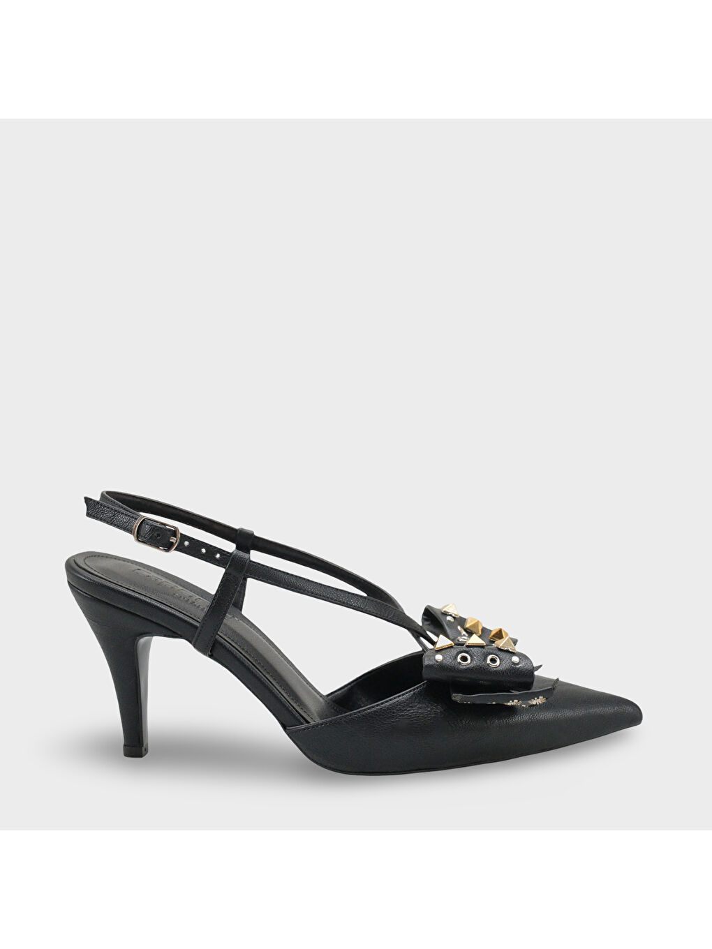 Siyah Nancie Orta Topuklu Metal Zımbalı Fiyonklu Arkası Açık Kadın Ayakkabı