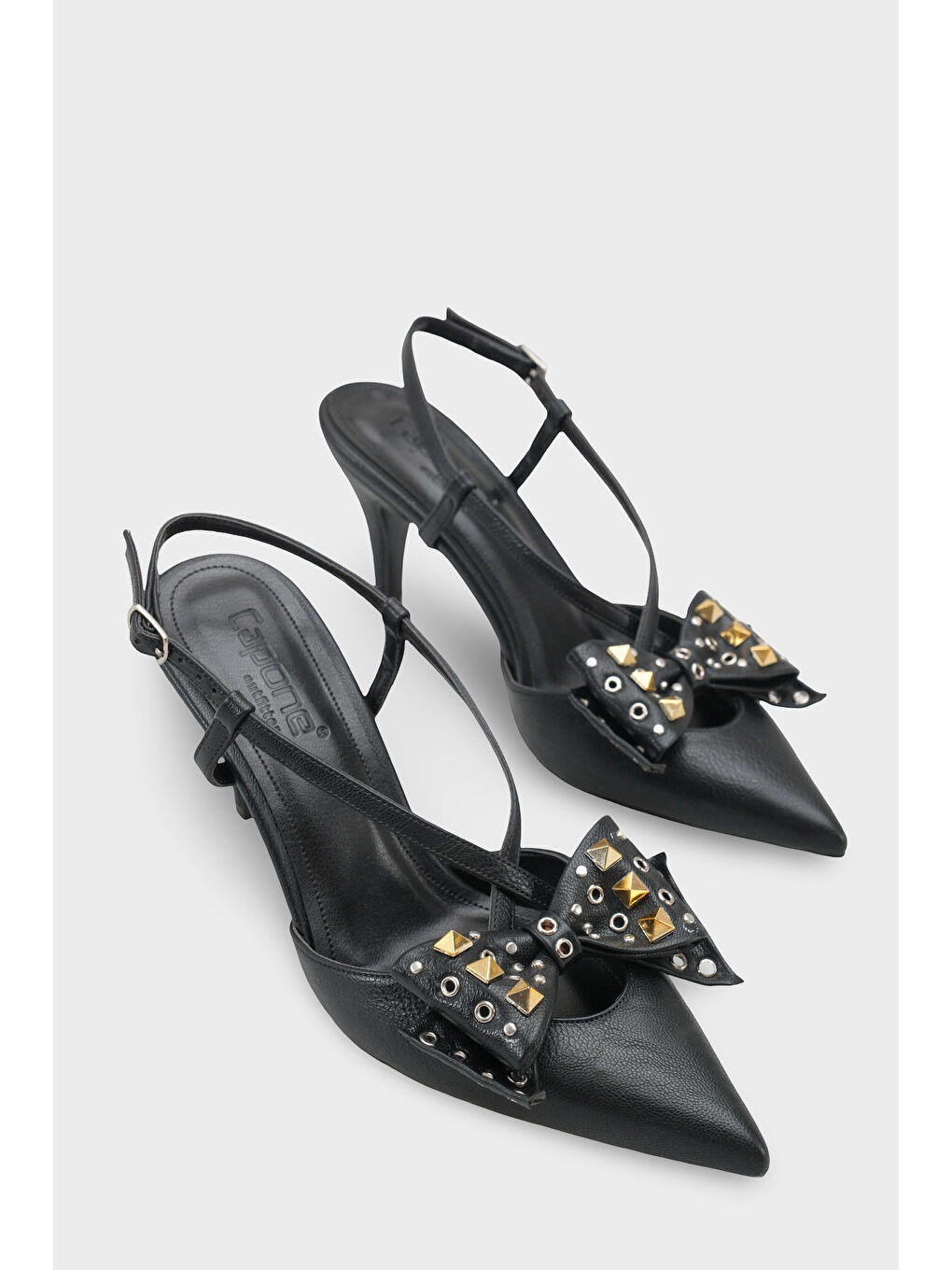 Siyah Nancie Orta Topuklu Metal Zımbalı Fiyonklu Arkası Açık Kadın Ayakkabı-1