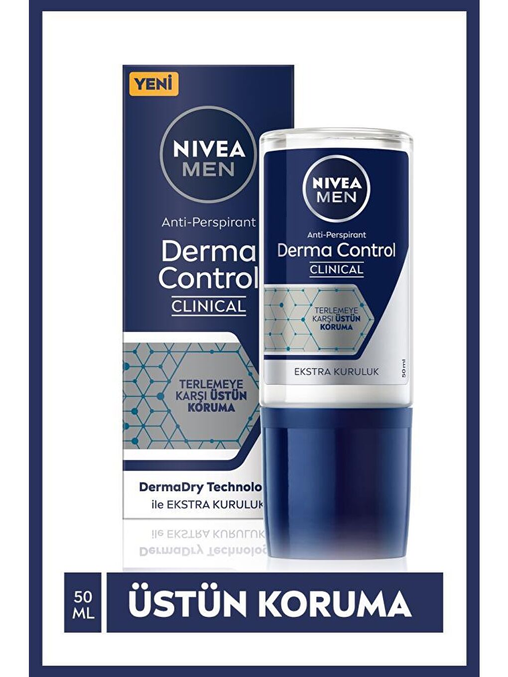 NIVEA Şeffaf Men Derma Control Clinical Erkek Roll-On Deodorant 50 ml, Üstün Koruma, Ekstra Kuruluk