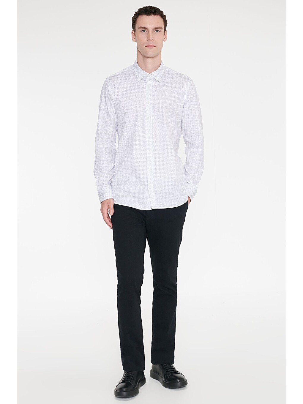 Erkek Beyaz-gri %100 Pamuk Slim Fit Dar Kesim Klasik Yaka Baskılı Gömlek-1