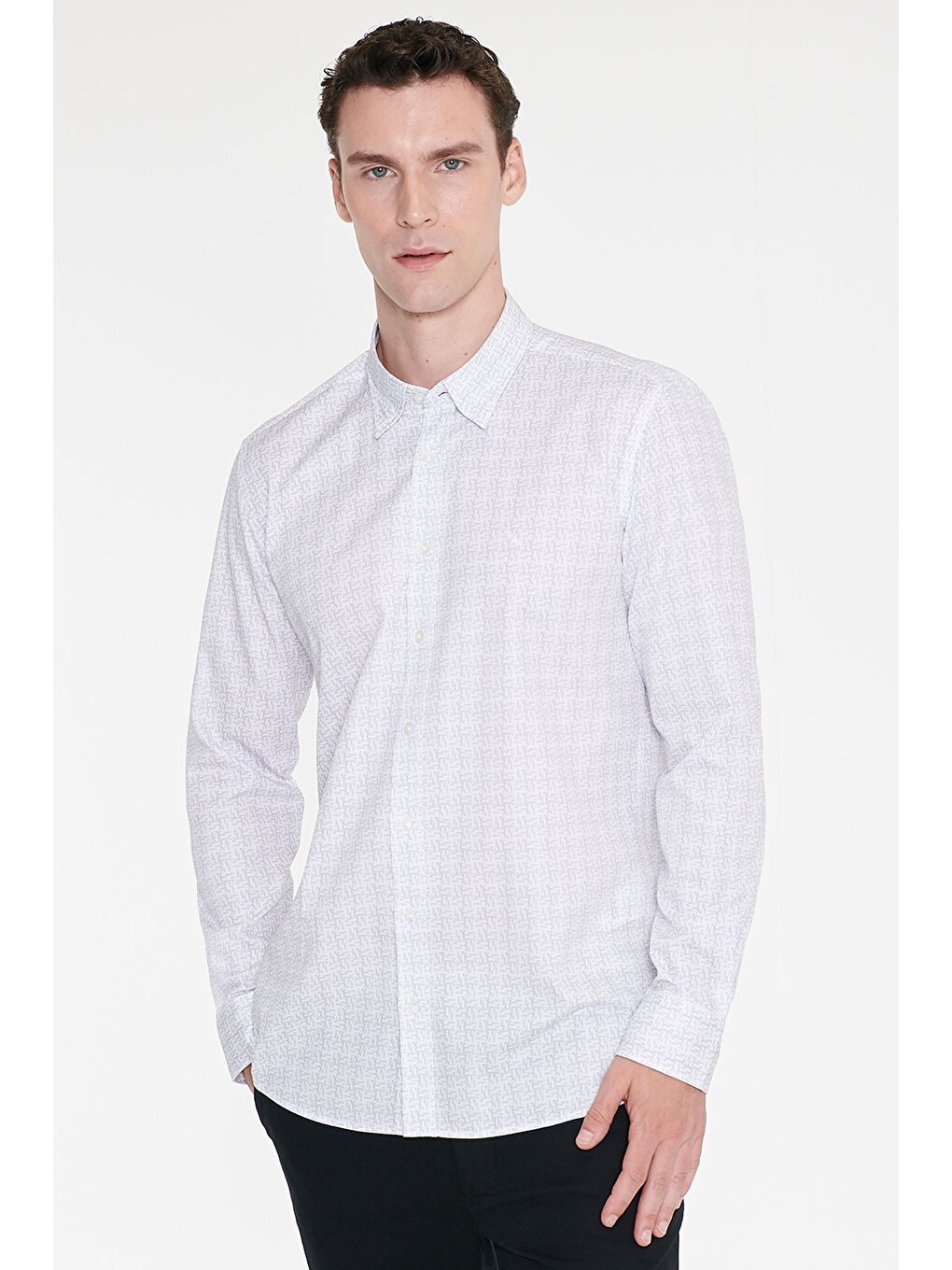 Erkek Beyaz-gri %100 Pamuk Slim Fit Dar Kesim Klasik Yaka Baskılı Gömlek-2