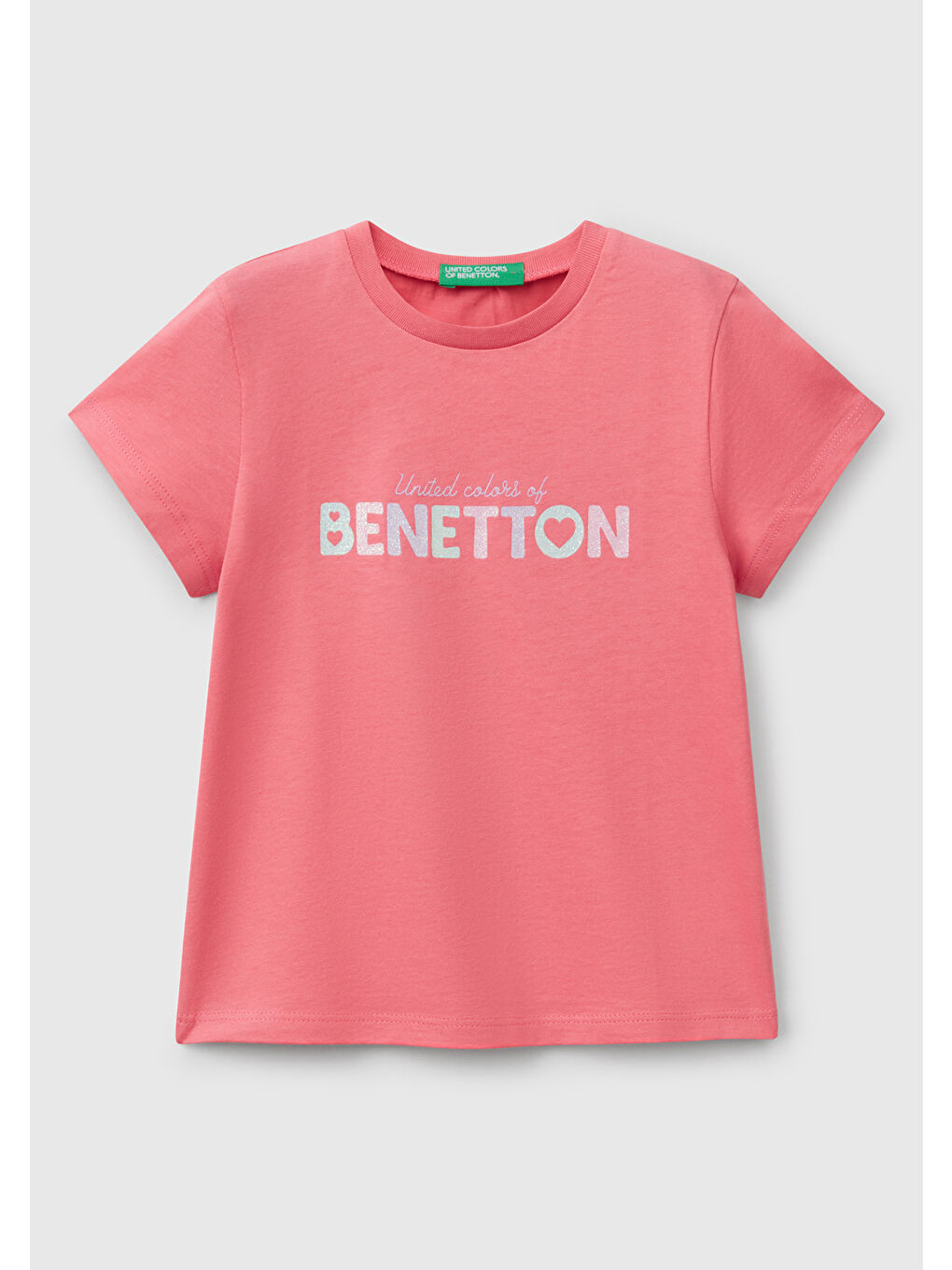 Kız Çocuk Fuşya Simli Benetton Logo Baskılı Tişört