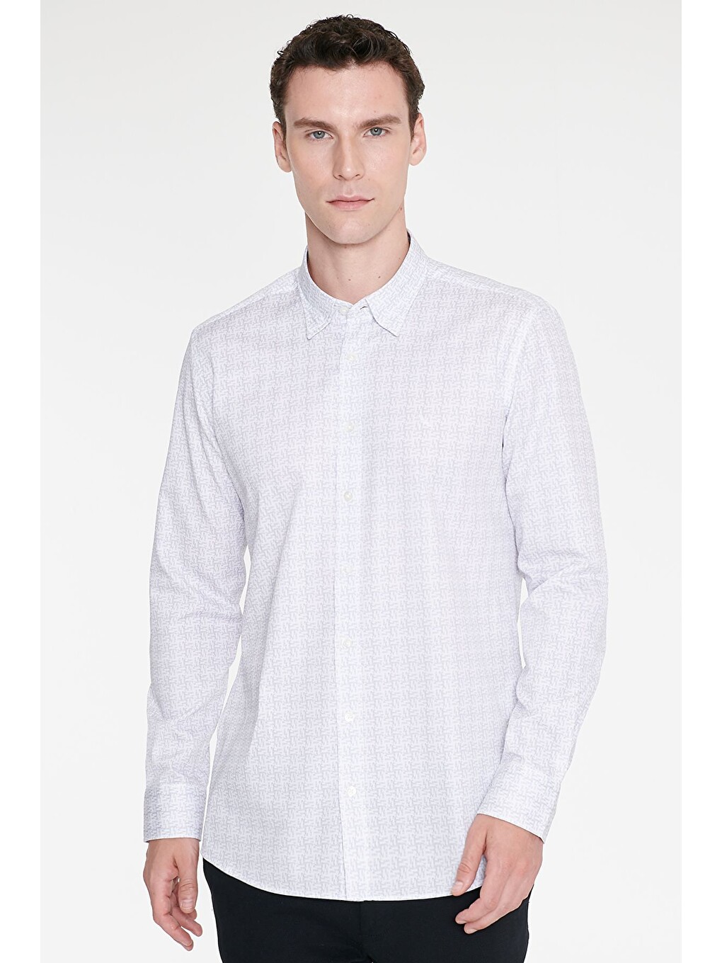 Erkek Beyaz-gri %100 Pamuk Slim Fit Dar Kesim Klasik Yaka Baskılı Gömlek-3