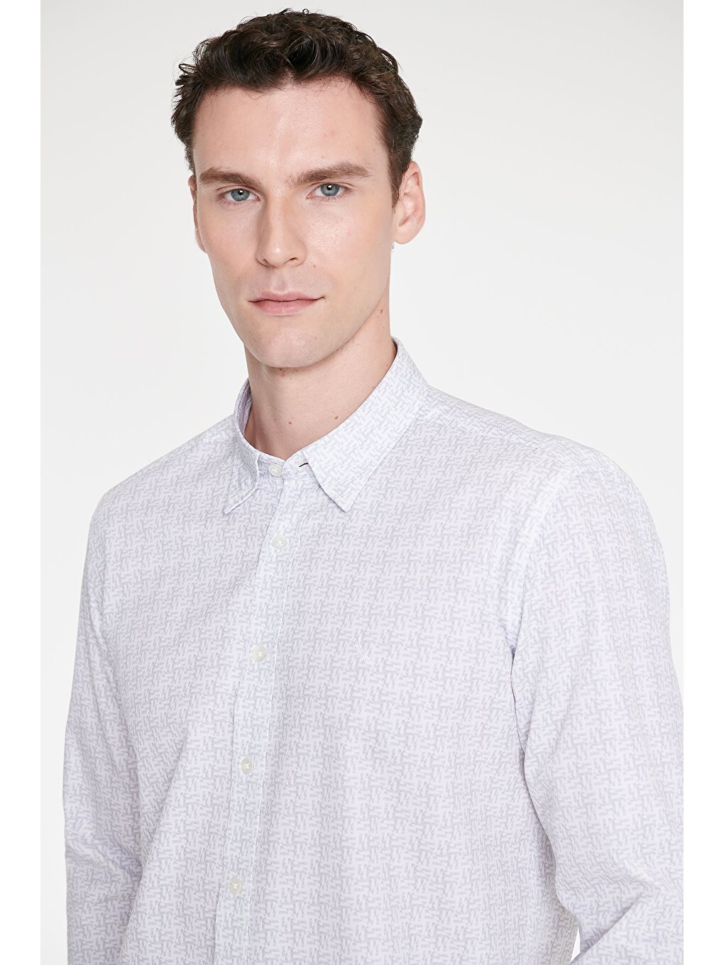 Erkek Beyaz-gri %100 Pamuk Slim Fit Dar Kesim Klasik Yaka Baskılı Gömlek-4
