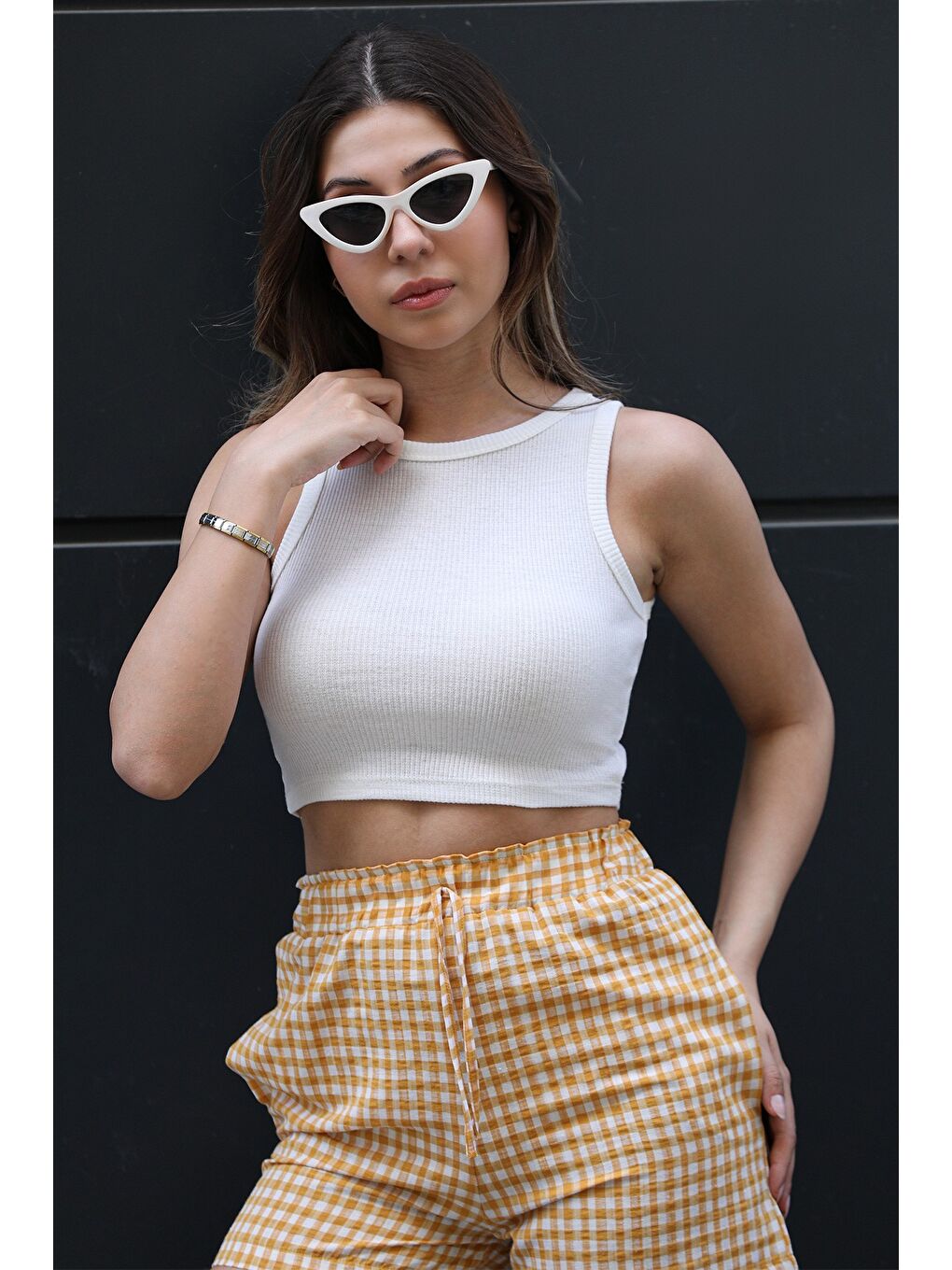 GÜLSELİ Ekru Bisiklet Yaka Kaşkorse Crop Top Büstiyer Bluz - 1