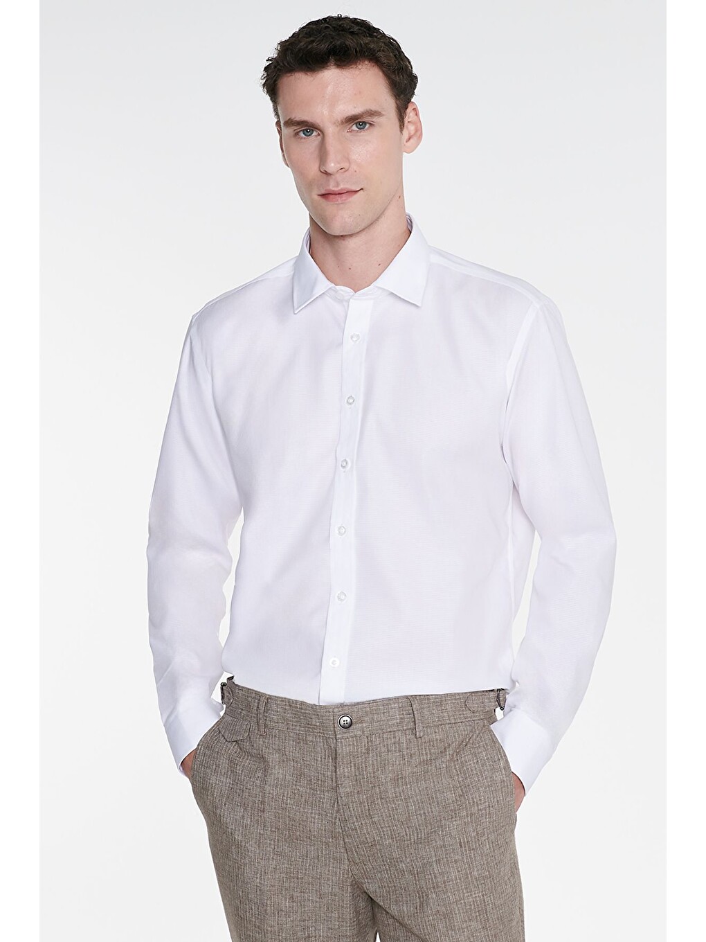 Erkek Beyaz Non-ıron Ütü Gerektirmeyen %100 Pamuk Slim Fit Dar Kesim Klasik Yaka Gömlek-3
