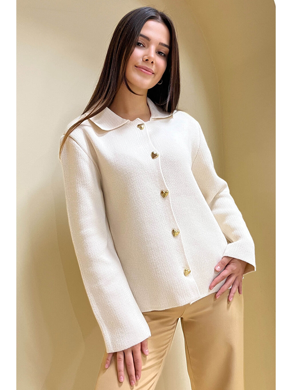 Ekru Kalp Düğmeli Triko Ceket Krem - 27835-KREM-2