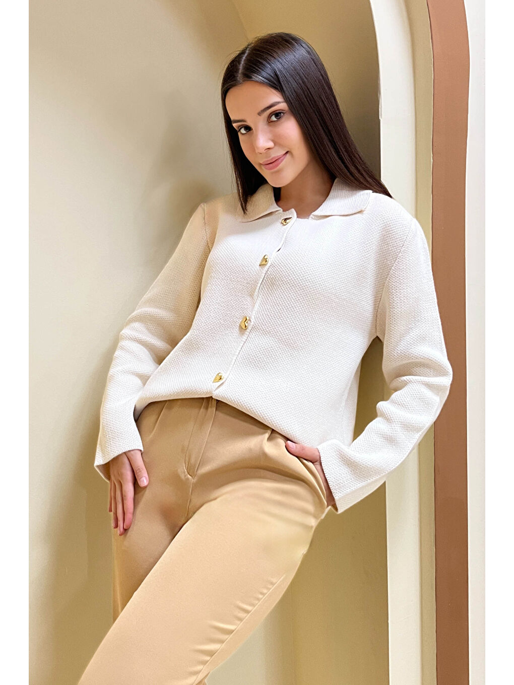 Ekru Kalp Düğmeli Triko Ceket Krem - 27835-KREM-3