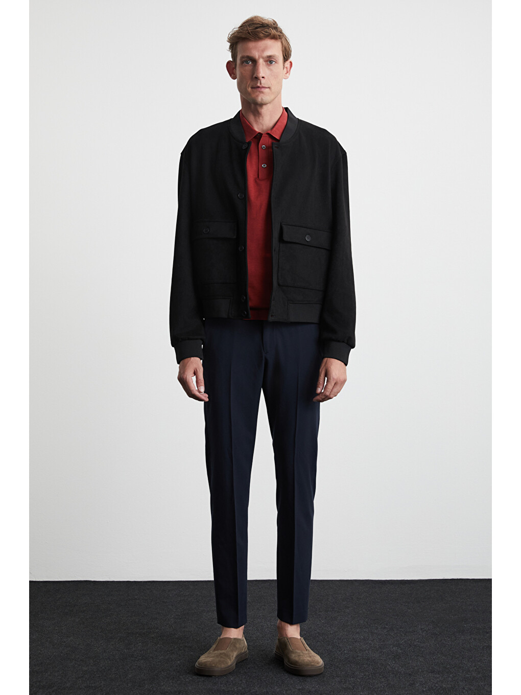 Preppy Erkek Güderi Kumaşlı Yumuşacık Bomber Tipi Siyah Ceket-1