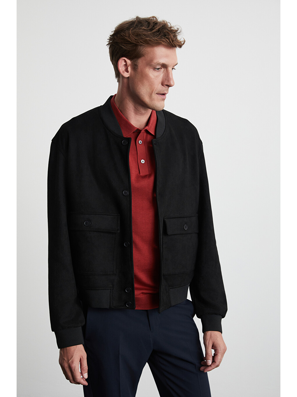 Preppy Erkek Güderi Kumaşlı Yumuşacık Bomber Tipi Siyah Ceket-2