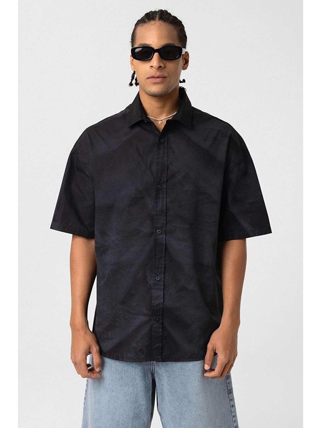 Oversize Yıkamalı Poplin Gömlek Siyah-2