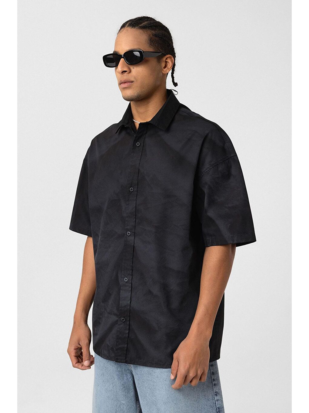 Oversize Yıkamalı Poplin Gömlek Siyah-4