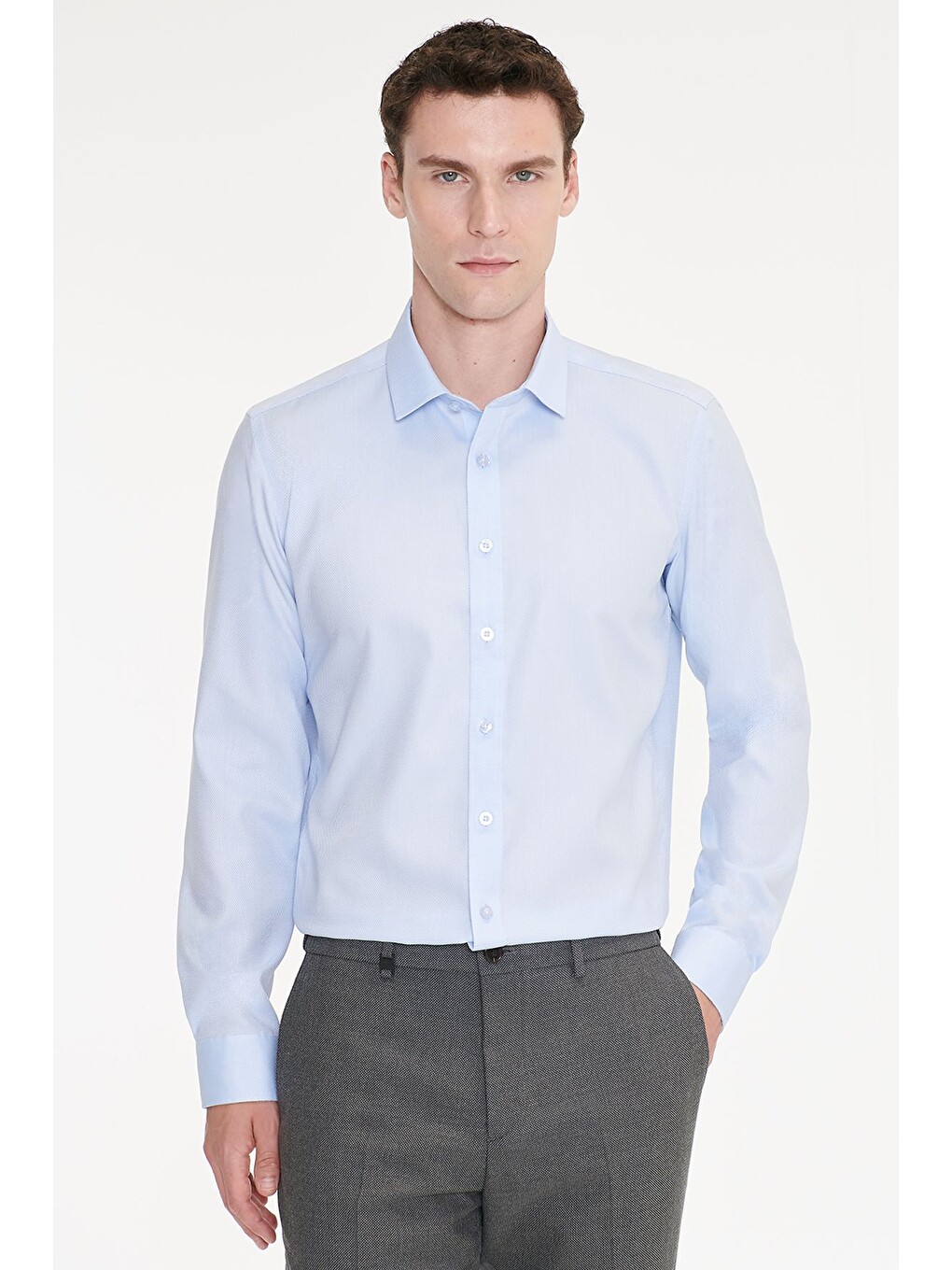 Erkek Açık Mavi Non-ıron %100 Pamuk Slim Fit Dar Kesim Klasik Yaka Armürlü Gömlek