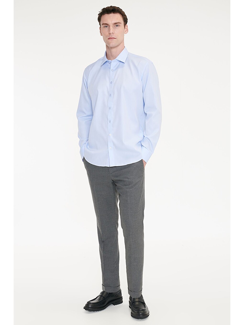 Erkek Açık Mavi Non-ıron Ütü Gerektirmeyen %100 Pamuk Slim Fit Dar Kesim Klasik Yaka Gömlek-1