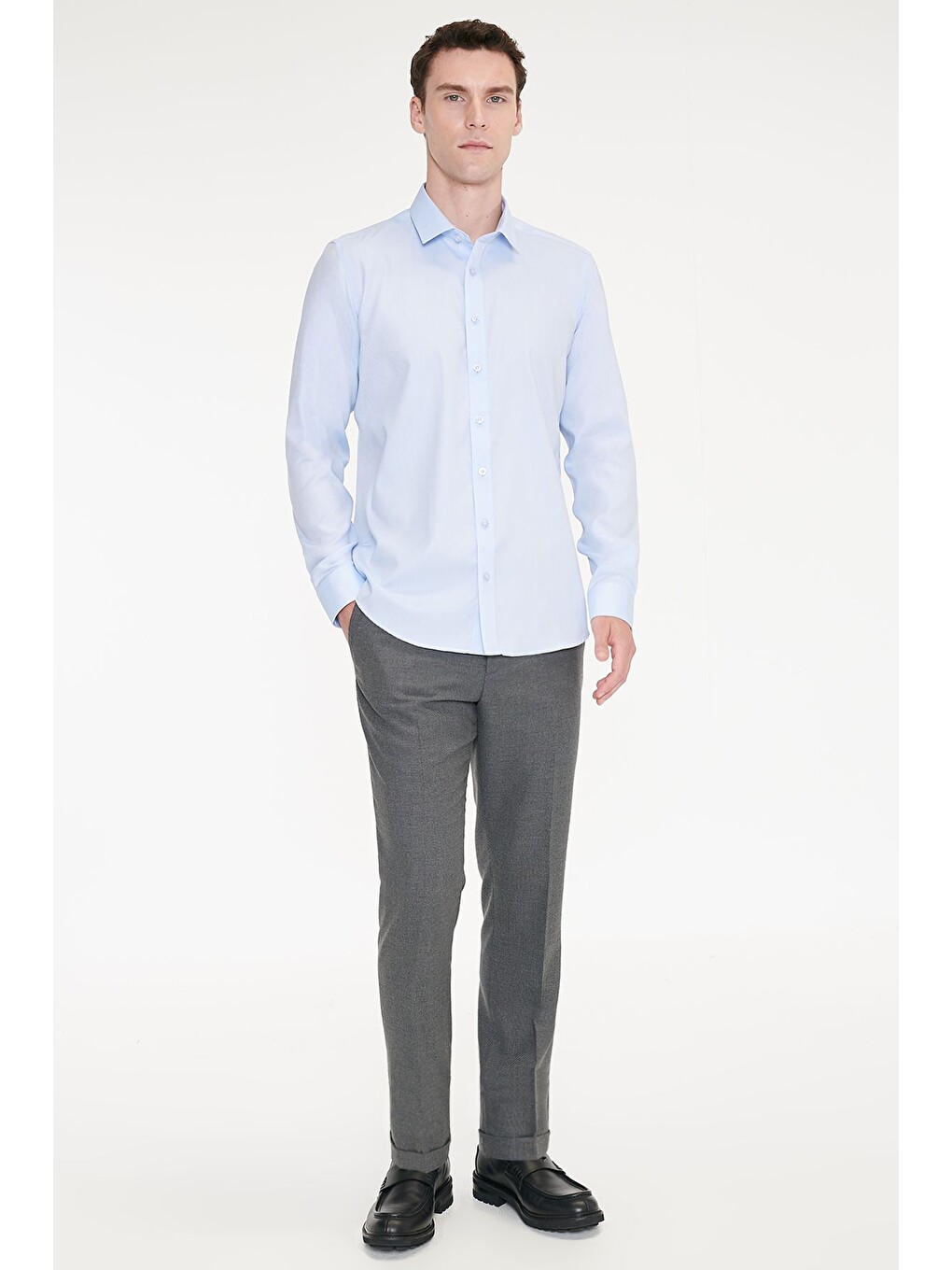 Erkek Açık Mavi Non-ıron %100 Pamuk Slim Fit Dar Kesim Klasik Yaka Armürlü Gömlek-1