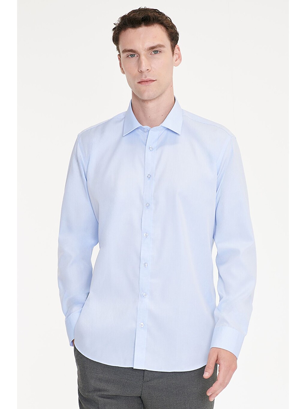 Erkek Açık Mavi Non-ıron Ütü Gerektirmeyen %100 Pamuk Slim Fit Dar Kesim Klasik Yaka Gömlek-2