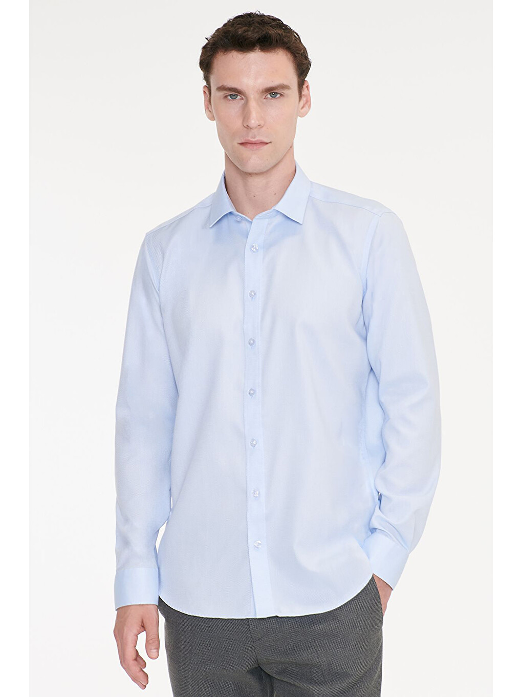 Erkek Açık Mavi Non-ıron %100 Pamuk Slim Fit Dar Kesim Klasik Yaka Armürlü Gömlek-2