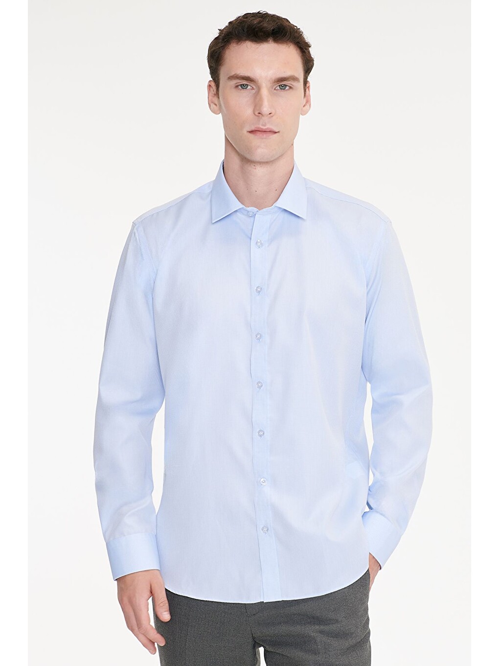 Erkek Açık Mavi Non-ıron Ütü Gerektirmeyen %100 Pamuk Slim Fit Dar Kesim Klasik Yaka Gömlek-3