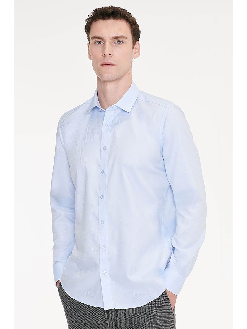 Erkek Açık Mavi Non-ıron %100 Pamuk Slim Fit Dar Kesim Klasik Yaka Armürlü Gömlek-3