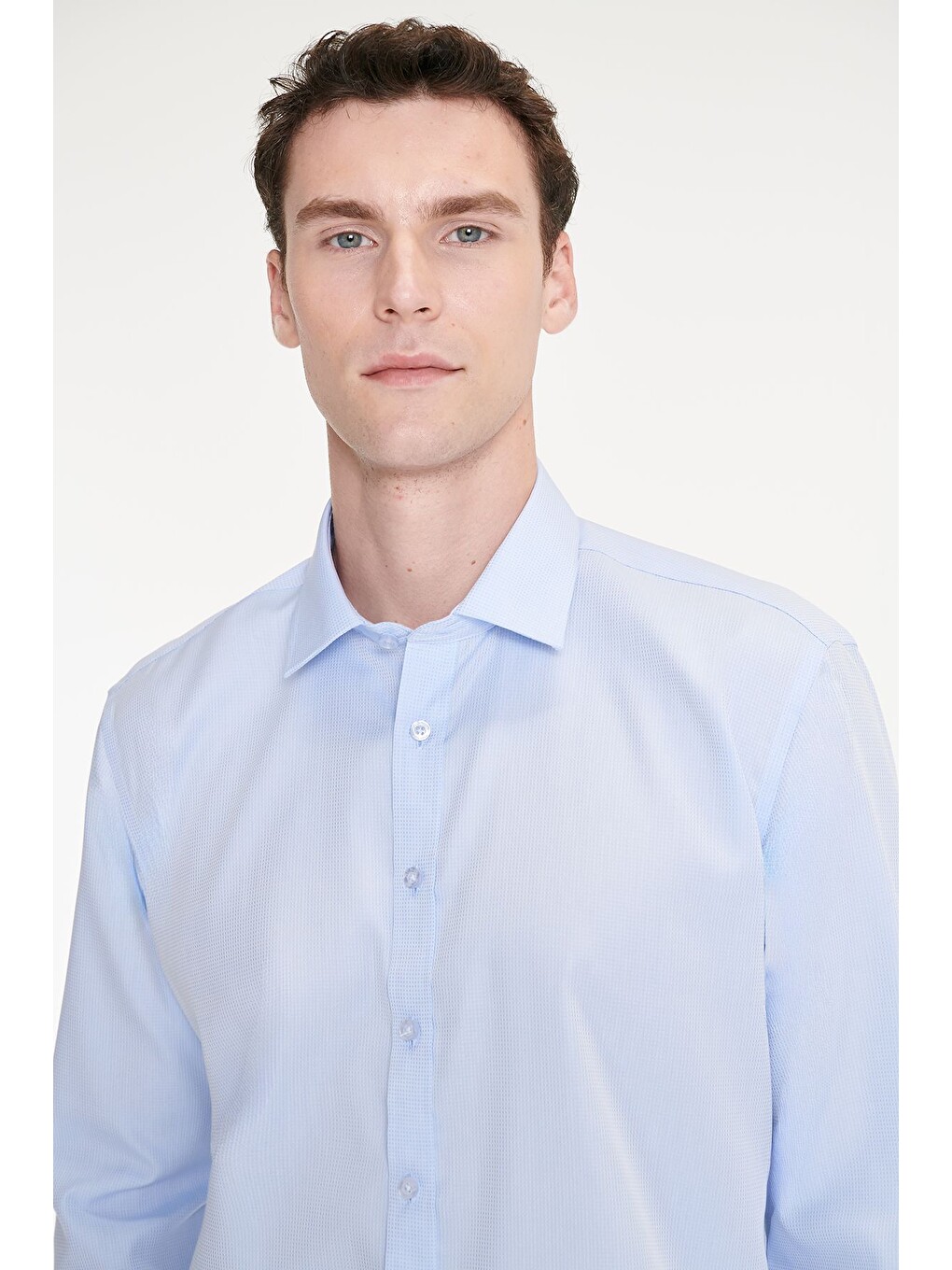 Erkek Açık Mavi Non-ıron Ütü Gerektirmeyen %100 Pamuk Slim Fit Dar Kesim Klasik Yaka Gömlek-4