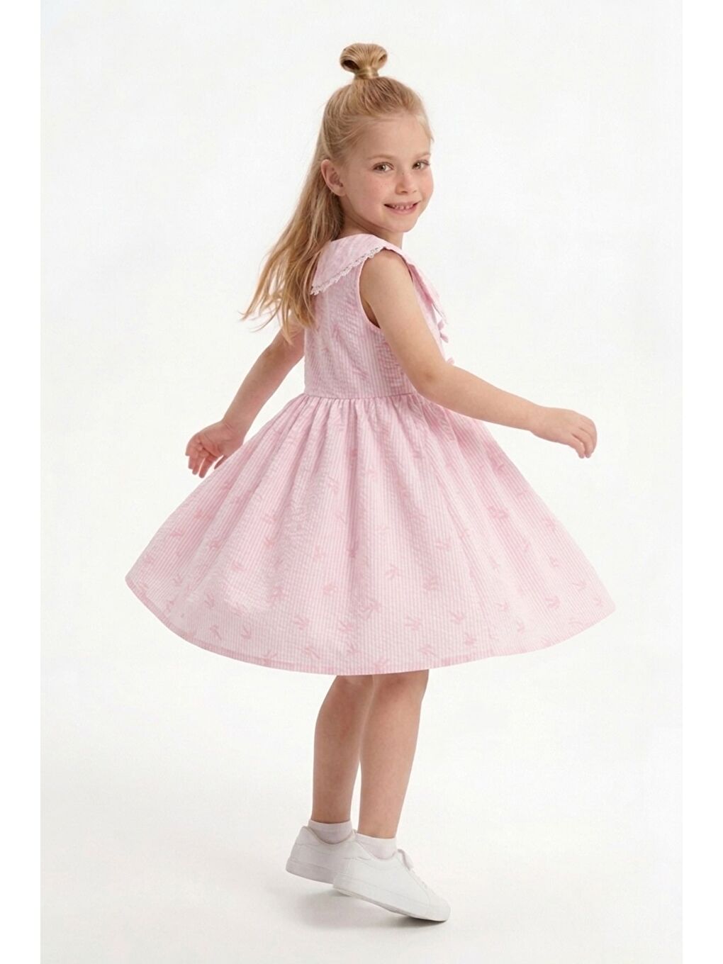 Pembe Fiyonklu Çizgili Dantelli Bebe Yaka Kız Çocuk Elbise-1