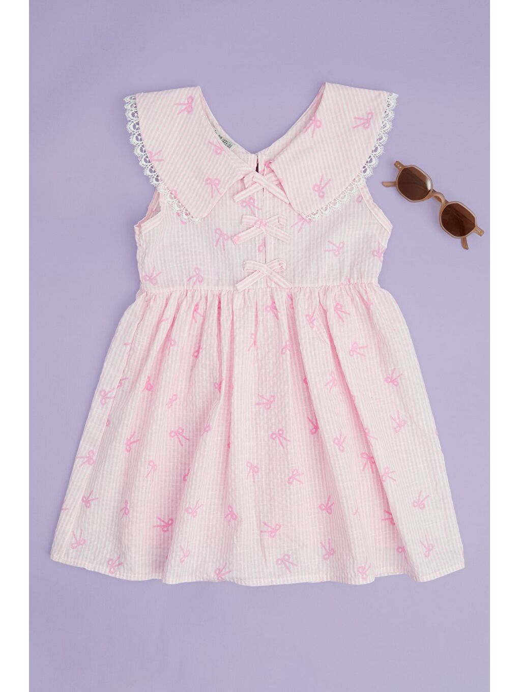 Pembe Fiyonklu Çizgili Dantelli Bebe Yaka Kız Çocuk Elbise-2
