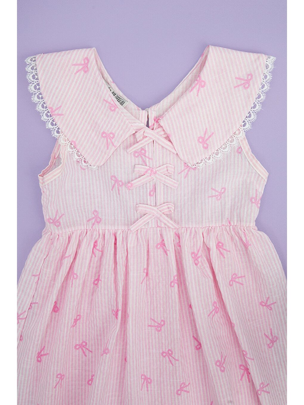 Pembe Fiyonklu Çizgili Dantelli Bebe Yaka Kız Çocuk Elbise-3