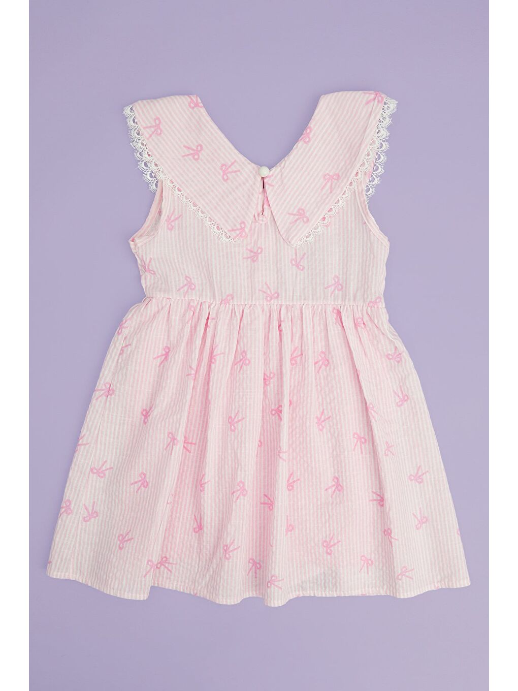 Pembe Fiyonklu Çizgili Dantelli Bebe Yaka Kız Çocuk Elbise-4