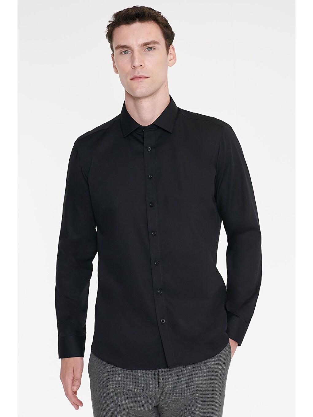 Erkek Siyah Non-ıron Ütü Gerektirmeyen %100 Pamuk Slim Fit Dar Kesim Klasik Yaka Gömlek
