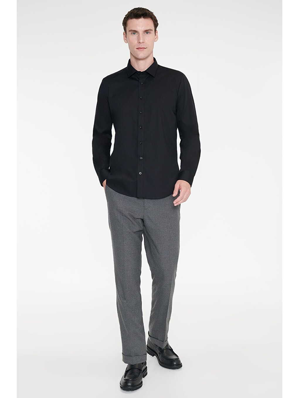 Erkek Siyah Non-ıron Ütü Gerektirmeyen %100 Pamuk Slim Fit Dar Kesim Klasik Yaka Gömlek-1