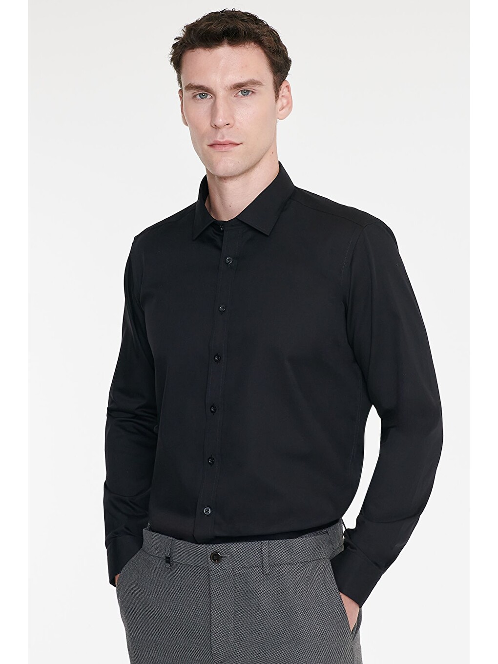 Erkek Siyah Non-ıron Ütü Gerektirmeyen %100 Pamuk Slim Fit Dar Kesim Klasik Yaka Gömlek-2