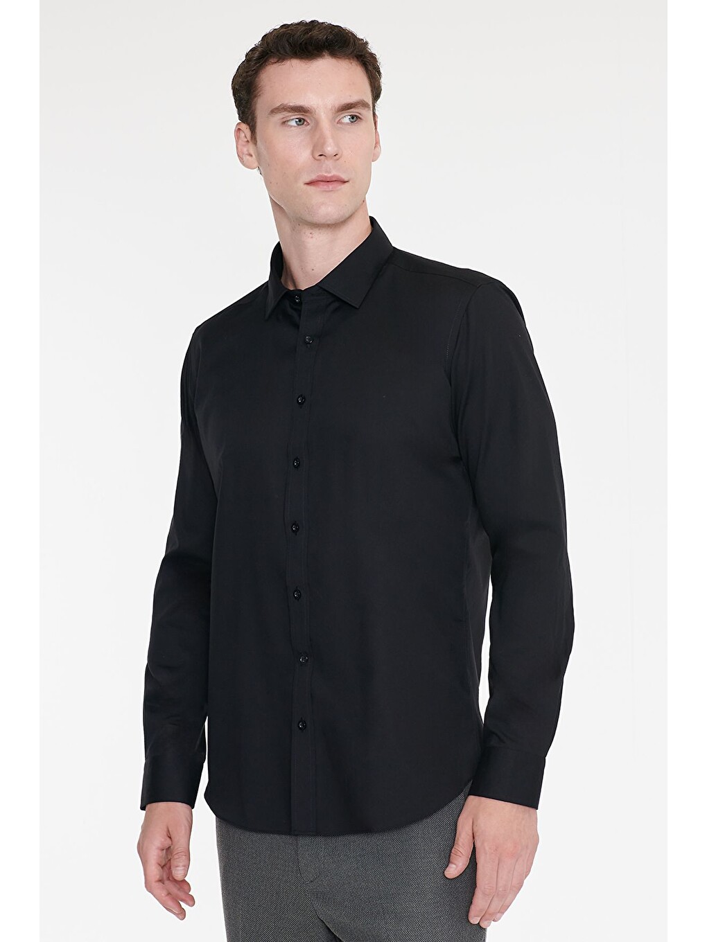 Erkek Siyah Non-ıron Ütü Gerektirmeyen %100 Pamuk Slim Fit Dar Kesim Klasik Yaka Gömlek-3