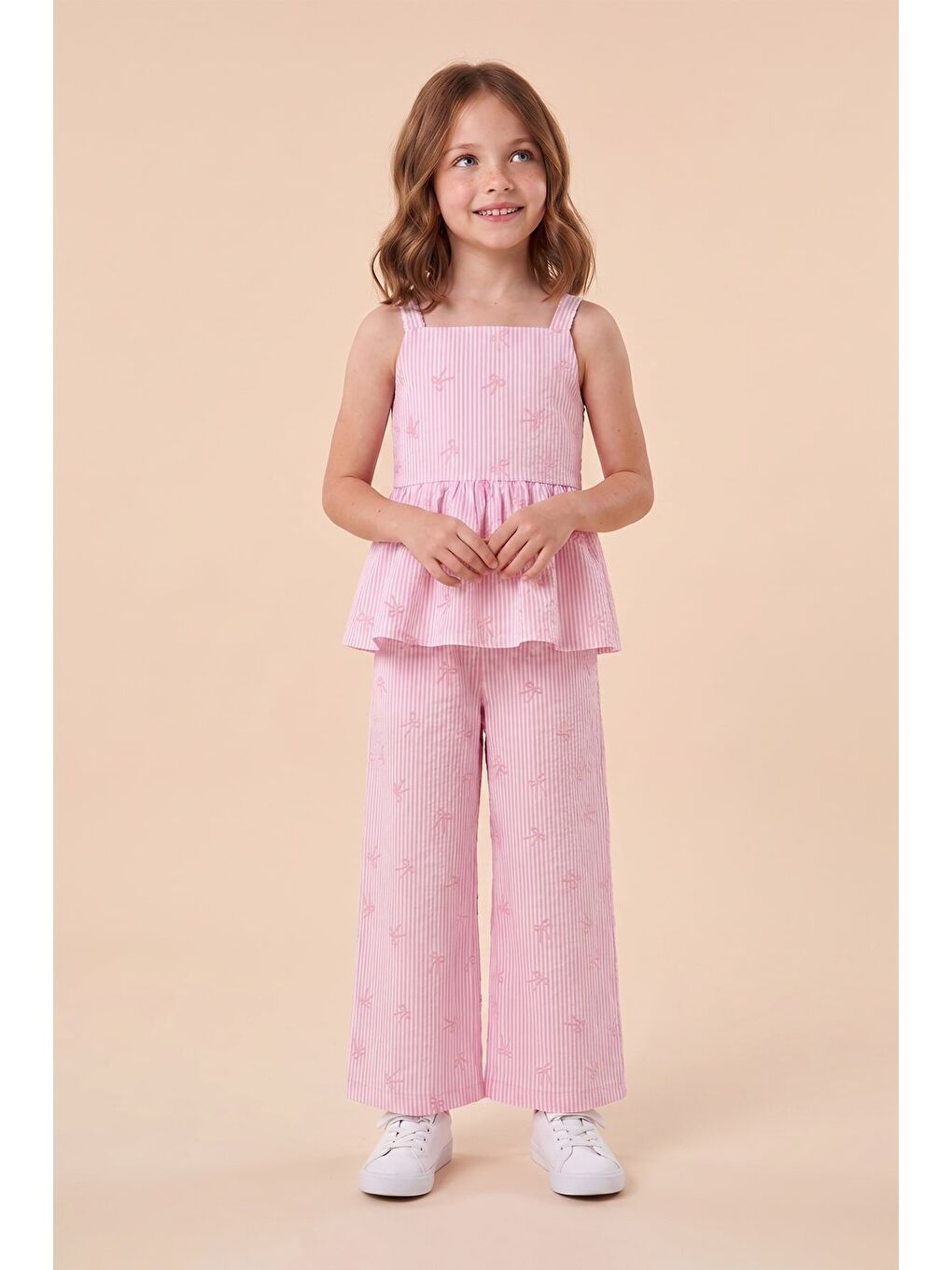 Pembe Fiyonklu Çizgili Askılı Kız Çocuk 2 Li Takım-1