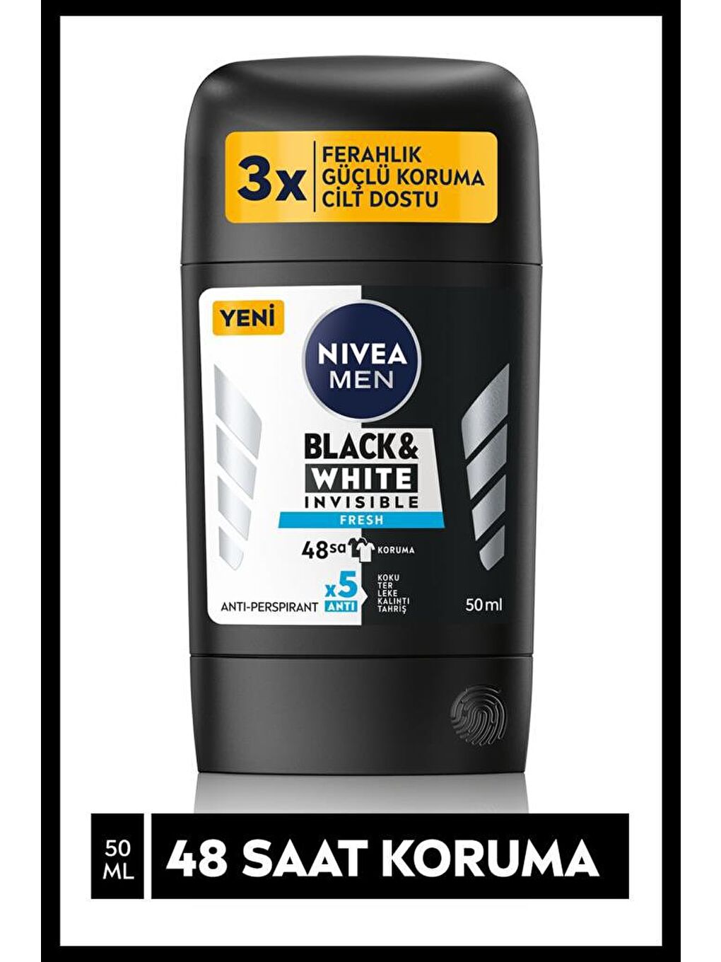 NIVEA Men Erkek Stick Deodorant Black&White Invisible Fresh, 48 Saat Anti-Perspirant Koruma, 50 ml