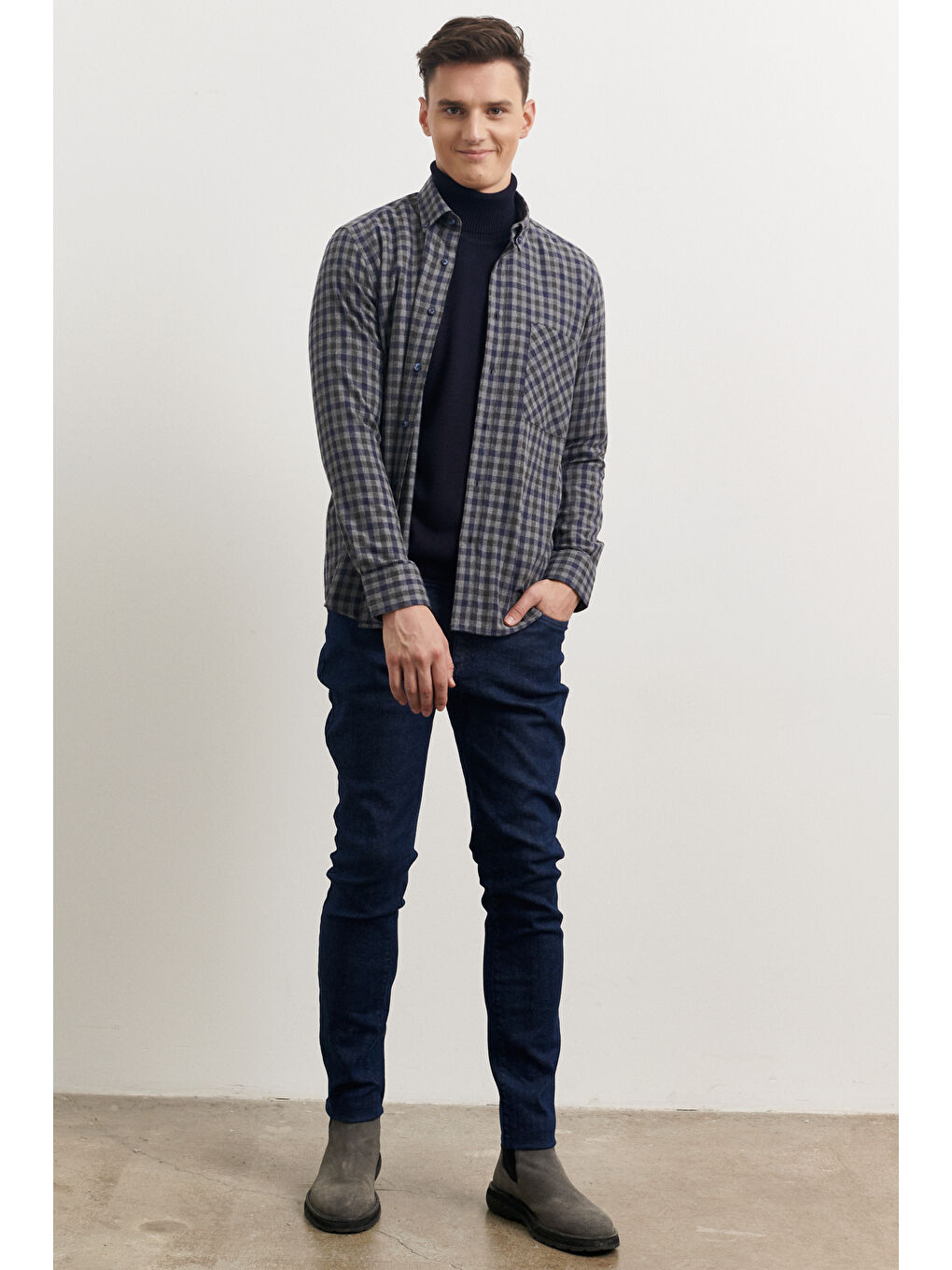 Erkek Gri-Lacivert Oversize Bol Kesim Dik Yaka Düz Sweatshirt-1