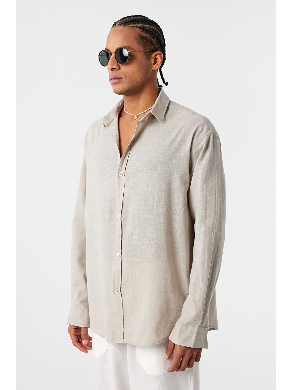 Basic Oversize Pamuk Keten Gömlek Bej-1