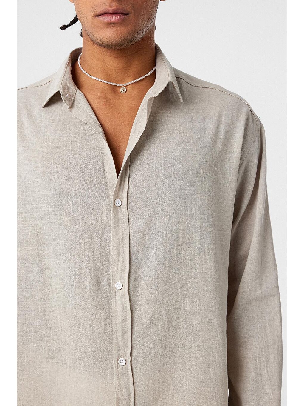Basic Oversize Pamuk Keten Gömlek Bej-3